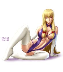 Rule 34 | 1girl, adapted costume, blonde hair, bow, breasts, center opening, cleavage, elbow gloves, gloves, hair bow, large breasts, leotard, long hair, lying, no headwear, no headwear, purple eyes, solo, taikyokuturugi, thighhighs, touhou, very long hair, white gloves, white thighhighs, yakumo yukari