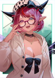 Rule 34 | 1girl, absurdres, blue eyes, breasts, cleavage, glasses, hat, heterochromia, highres, hololive, hololive english, horns, irys (casualrys) (hololive), irys (hololive), large breasts, open mouth, pointy ears, red eyes, shibuya (kurokamishain), short hair, smile, solo, virtual youtuber, white hat