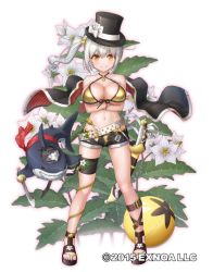 Rule 34 | 1girl, belt, bikini, black cape, black footwear, black hat, bow, breasts, cape, card, cleavage, closed mouth, crossed arms, flower, flower knight girl, full body, gold bikini, hat, hat bow, large breasts, legs apart, looking at viewer, nakaishow, name connection, navel, object namesake, official art, orange eyes, playing card, sandals, scabbard, shark, sheath, shiny skin, simple background, smile, solo, standing, swimsuit, sword, thighlet, top hat, two-sided cape, two-sided fabric, warunasubi (flower knight girl), weapon, white background, white belt, white bow