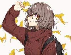 Rule 34 | 1girl, backpack, bag, brown hair, falling leaves, glasses, hand up, leaf, looking up, nail polish, original, purple eyes, red nails, ribbed sweater, short hair, simple background, sino42, solo, sweater