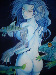 Rule 34 | 1girl, absurdres, ass, blue eyes, blue hair, blue skin, breasts, colored skin, completely nude, cthulhu mythos, deep one, fins, fish, highres, long hair, looking to the side, monster, monster girl, nude, parted lips, scales, sideboob, slit pupils, tonton (nigaoeya), traditional media, webbed hands