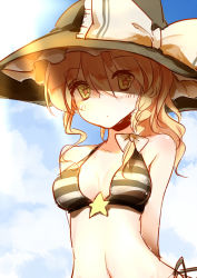 Rule 34 | 1girl, arms behind back, bare shoulders, bikini, black bikini, blonde hair, blue sky, body blush, bow, braid, breasts, cloud, collarbone, day, dena.ei, hat, hat bow, highres, kirisame marisa, light rays, long hair, looking at viewer, navel, outdoors, parted lips, sketch, sky, small breasts, solo, star-shaped pupils, star (symbol), striped bikini, striped clothes, swimsuit, symbol-shaped pupils, touhou, upper body, witch hat, yellow eyes