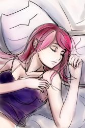 Rule 34 | 1girl, absurdres, blazblue, breasts, cleavage, early type, closed eyes, highres, lying, on back, pillow, red hair, sleeping, solo, spaghetti strap, strap slip, tsubaki yayoi