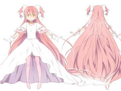Rule 34 | 10s, 1girl, absurdly long hair, bad id, bad pixiv id, dress, gloves, kaname madoka, long hair, mahou shoujo madoka magica, mahou shoujo madoka magica (anime), maruki (punchiki), multiple views, pantyhose, simple background, spoilers, twintails, two side up, ultimate madoka, very long hair, white background