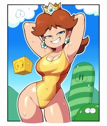 Rule 34 | 1girl, alternate costume, armpits, arms behind head, arms up, bare shoulders, blue eyes, breasts, brown hair, cleavage, covered navel, crown, curvy, earrings, flower earrings, grin, highleg, highleg leotard, highres, jewelry, large breasts, leotard, long hair, looking at viewer, mario &amp; sonic at the london 2012 olympic games, mario &amp; sonic at the olympic games, mario (series), narrowed eyes, naughty face, nintendo, princess daisy, seductive smile, smile, smug, stealth brock, sweat, thick thighs, thighs, wide hips