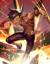 Rule 34 | 1boy, abs, black hair, fire, full-body tattoo, demi-fiend, looking at viewer, male focus, lava, muscular, navel, shin megami tensei, shin megami tensei iii: nocturne, topless male, shoes, short hair, shorts, simple background, smile, solo, tattoo, yellow eyes
