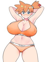 Rule 34 | 1girl, alternate breast size, armpits, arms up, bellupup, blue eyes, blush, breasts, cleavage, closed mouth, collarbone, covered erect nipples, cowboy shot, creatures (company), game freak, highres, huge breasts, looking at viewer, misty (pokemon), nintendo, orange hair, orange panties, panties, pokemon, pokemon lgpe, short sidetail, simple background, smile, solo, sports bra, standing, underwear, white background