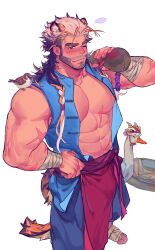 Rule 34 | 1boy, abs, absurdres, animal, animal ears, animal on shoulder, bandaged foot, bandages, bara, bare arms, bare pectorals, beard stubble, bird, bird on shoulder, drunk tiger (kuro), facial hair, feet out of frame, gradient hair, hair slicked back, highres, kuroshima kurishiro (muyi24108414), large pectorals, light brown hair, looking at viewer, male focus, mature male, medium hair, multicolored hair, muscular, muscular male, mustache stubble, navel, original, pectorals, pelvic curtain, scar, scar on chest, seductive smile, smile, stomach, stubble, tail, thick eyebrows, tiger boy, tiger ears, tiger tail