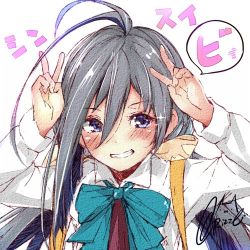 Rule 34 | 1girl, ahoge, arms up, double v, grey eyes, grey hair, grin, hair between eyes, halterneck, kantai collection, kiyoshimo (kancolle), looking at viewer, low twintails, lowres, rizzl, school uniform, shirt, signature, smile, solo, twintails, upper body, v, white shirt