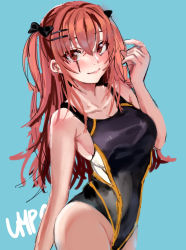 Rule 34 | 1girl, bad id, bad pixiv id, blue background, blush, bow, breasts, brown eyes, brown hair, competition swimsuit, girls&#039; frontline, groin, hair between eyes, hair bow, hair ornament, hairclip, highres, inchore, long hair, looking at viewer, medium breasts, one-piece swimsuit, scar, scar across eye, scar on face, simple background, smile, solo, swimsuit, ump9 (girls&#039; frontline)