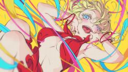 Rule 34 | 1girl, absurdres, armpits, blonde hair, blue eyes, bracelet, breasts, dress, eyelashes, fingernails, floating, floating hair, highres, jewelry, looking at viewer, mouth pull, nobusawa osamu, open mouth, original, red dress, solo, teeth, tongue, underboob, yellow background