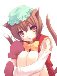 Rule 34 | 1girl, animal ears, brown hair, cat ears, cat girl, cat tail, chen, fang, female focus, hat, highres, hugging own legs, mittens, multiple tails, nana mikoto, short hair, simple background, sitting, solo, tail, touhou, white background, yellow eyes