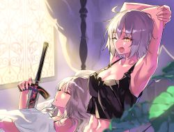 Rule 34 | 2girls, ;o, ahoge, armpits, arms up, artoria pendragon (all), artoria pendragon (fate), bare shoulders, bed, breasts, camisole, canopy bed, cleavage, closed eyes, collarbone, day, excalibur morgan (fate), fate/grand order, fate (series), indoors, jeanne d&#039;arc (fate), jeanne d&#039;arc alter (avenger) (fate), jeanne d&#039;arc alter (fate), large breasts, leaf, lying, multiple girls, on back, on bed, one eye closed, open mouth, parted lips, pillow, saber alter, short hair, silver hair, sleeping, stretching, sunlight, tears, tsurukame, under covers, upper body, waking up, window, yawning, yellow eyes