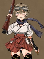 Rule 34 | 1girl, aohashi ame, arm guards, black thighhighs, blue scarf, blush, breasts, brown background, brown eyes, brown hair, clip (weapon), gluteal fold, goggles, goggles on head, gun, hair between eyes, hakama, hakama skirt, highres, japanese clothes, katou keiko, large breasts, one eye closed, panties, red hakama, rifle, scarf, shirt, short hair, skirt, smile, solo, thighhighs, thighs, underwear, weapon, white panties, white shirt, witches of africa, world witches series
