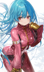 Rule 34 | 1girl, belt, blue hair, blush, bodysuit, breasts, clothing cutout, floating hair, full body, gloves, hair between eyes, highres, kula diamond, long hair, looking at viewer, medium breasts, midriff, red eyes, shino (eefy), simple background, smile, solo, standing, the king of fighters, unzipped, white background, zipper