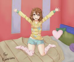 Rule 34 | absurdres, arms up, bed, blush, brown eyes, brown hair, highres, hirasawa yui, indoors, k-on!, looking at viewer, open mouth, over-kneehighs, pajamas, pink thighhighs, short hair, smile, teeth, thighhighs, upper teeth only, young savage