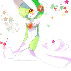 Rule 34 | 1girl, blush, bob cut, bonnet, capelet, clothed pokemon, colored skin, creatures (company), female focus, flat chest, flower, full body, game freak, gardevoir, gardevoir (fashionable), gen 3 pokemon, green hair, green skin, hair over one eye, hao (pixiv 10705622), happy, hat, hat flower, looking at viewer, multicolored skin, nintendo, one eye covered, open mouth, orange flower, pink trim, pokemon, pokemon (creature), pokemon unite, red eyes, short hair, sitting, smile, solo, two-tone skin, wariza, white background, white capelet, white hat, white skin