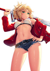 Rule 34 | 1girl, bandeau, belt, blonde hair, blue shorts, blush, braid, breasts, clarent (fate), closed mouth, cutoffs, denim, denim shorts, fate/apocrypha, fate (series), french braid, green eyes, hair ornament, hair scrunchie, hand on own hip, jacket, jewelry, long hair, long sleeves, looking at viewer, medium breasts, micro shorts, mordred (fate), mordred (fate/apocrypha), mordred (memories at trifas) (fate), navel, necklace, open clothes, open jacket, over shoulder, parted bangs, ponytail, red jacket, red scrunchie, scrunchie, shorts, sidelocks, simple background, solo, sword, tako seijin, thighs, weapon, weapon over shoulder, white background