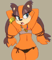 Rule 34 | 1girl, animal ears, animal nose, armpits, big-e6, bikini, cowboy shot, female focus, flat chest, furry, furry female, highres, jewelry, necklace, nose, simple background, solo, sonic (series), sticks the badger, stomach, swimsuit, tagme, thick thighs, thigh gap, thighs
