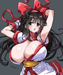 Rule 34 | 1girl, ainu clothes, alternate breast size, armpits, arms behind head, arms up, black hair, blush, breasts, cleavage, fingerless gloves, gloves, hair ribbon, hand on own chest, highres, hirowa nagi, huge breasts, looking at viewer, nakoruru, open mouth, purple eyes, ribbon, samurai spirits, snk, solo, sweat, the king of fighters