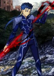 Rule 34 | 1boy, armor, blue hair, castle, cu chulainn (fate), cu chulainn (fate/stay night), earrings, fate/grand order, fate/stay night, fate (series), gae bolg (fate), holding, holding weapon, jewelry, lance, long hair, looking at viewer, magic, male focus, official alternate costume, official art, pauldrons, polearm, ponytail, red eyes, resized, shoulder armor, smile, solo, spear, takeuchi takashi, upscaled, waifu2x, weapon