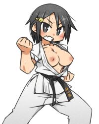 Rule 34 | 1girl, belt, black belt, black eyes, black hair, breasts, breasts out, cannsk, cat hair ornament, clenched hands, clenched teeth, commentary request, dougi, fighting stance, hair ornament, hairclip, karate gi, large breasts, medium hair, nipples, original, solo, teeth, v-shaped eyebrows