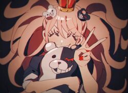 1girl ^_^ animal bear bear_hair_ornament black_background black_jacket blonde_hair closed_eyes commentary_request crown danganronpa:_trigger_happy_havoc danganronpa_(series) dot_nose enoshima_junko eyelashes grgrton grin hair_ornament happy highres holding holding_animal jacket light_blush long_hair monokuma red_crown sleeves_rolled_up smile solo twintails upper_body v