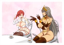 Rule 34 | 2girls, blue eyes, boudica (fate), breasts, chain, collar, crown, cuffs, cup, elbow gloves, fate/grand order, fate (series), gloves, gold chain, grey hair, hand gesture, happy, jewelry, large breasts, long hair, marishiten, multiple girls, red hair, shackles, short hair, sitting, skindentation, table, talking, tan, tea, teacup, thighhighs, thong, zenobia (fate)
