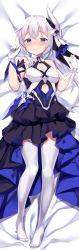 Rule 34 | 1girl, absurdres, bare shoulders, black dress, blue eyes, blush, breasts, closed mouth, commission, dress, gloves, halter dress, halterneck, highres, honkai (series), honkai impact 3rd, incredibly absurdres, looking at viewer, lying, no shoes, on back, on bed, paid reward available, shimo (shimo332215), side ponytail, silver hair, skeb commission, small breasts, smile, solo, theresa apocalypse, theresa apocalypse (twilight paladin), thighhighs, w arms, white gloves, white thighhighs