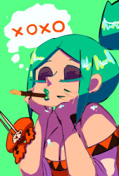 Rule 34 | cerebella (skullgirls), closed eyes, dark-skinned female, dark skin, eyeshadow, food, food in mouth, green background, green hair, green lips, green nails, hands on own cheeks, hands on own face, highres, makeup, pocky, ponytail, pursed lips, skullgirls, thought bubble, vice-versa (skullgirls)
