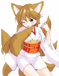 Rule 34 | animal ears, copyright request, fox, fox ears, fox tail, inuburo, japanese clothes, kitsune, kyuubi, multiple tails, red eyes, solo, tail