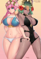 Rule 34 | 2girls, absurdres, arms up, bikini, black one-piece swimsuit, blonde hair, blue eyes, breasts, cleavage, closed mouth, covered navel, curvy, dark-skinned female, dark skin, earrings, fire emblem, fire emblem heroes, flower, gradient background, gradient hair, green hair, gunnthra (fire emblem), hair flower, hair ornament, head wreath, highres, jewelry, laegjarn (fire emblem), large breasts, long hair, multicolored hair, multiple girls, navel, nintendo, one-piece swimsuit, orange hair, pink hair, red eyes, shiny skin, short hair, signature, simple background, smile, standing, swimsuit, watermark, web address, wide hips, zelc-face
