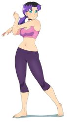 Rule 34 | 1girl, barefoot, black hair, blue eyes, breasts, choker, cleavage, earrings, jewelry, large breasts, long hair, looking at viewer, midriff, multicolored hair, navel, pants, pink shirt, ponytail, purple hair, purple pants, shirt, sidney (zeshgolden), smile, standing, stretching, tank top, two-tone hair, white background, zeshgolden