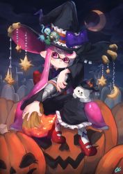 Rule 34 | 1girl, absurdres, anko2552, artist name, black dress, black hat, black sky, blunt bangs, bobby socks, bow, closed mouth, commentary, crescent, crescent moon, dress, expressionless, frilled dress, frills, halloween, halloween costume, hat, hat bow, hat ornament, highres, holding, holding weapon, inkbrush (splatoon), inkling, inkling girl, inkling player character, jack-o&#039;-lantern, jellyfish (splatoon), large hat, li&#039;l judd (splatoon), long dress, long hair, long sleeves, looking at viewer, mask, moon, night, night sky, nintendo, outdoors, pink eyes, pink hair, pointy ears, purple bow, red footwear, shoes, signature, sitting, sky, socks, solo, star (symbol), star hat ornament, tentacle hair, very long hair, weapon, white socks, witch, witch hat