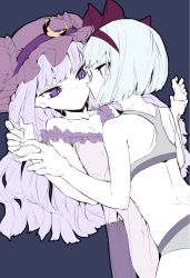 Rule 34 | 2girls, back, bare shoulders, blue background, collarbone, crescent, dutch angle, eye contact, face-to-face, flat color, hairband, hat, holding hands, konpaku youmu, light purple hair, long hair, looking at another, mob cap, multiple girls, nightgown, off shoulder, panties, patchouli knowledge, profile, purple eyes, red eyes, see-through, short hair, silver hair, simple background, sleeveless, sports bra, thupoppo, touhou, underwear, underwear only, yuri