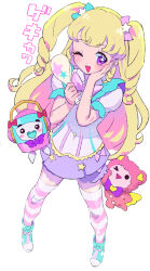 Rule 34 | 1girl, :d, ;d, blonde hair, blue footwear, blush, bow, dress, drill hair, drill sidelocks, full body, hair bow, hair ornament, hand on own cheek, hand on own face, hands up, holding, holding ladle, idol time pripara, kuma (pripara), ladle, long hair, moudoku (decopon3rd), one eye closed, open mouth, pink bow, pretty series, pripara, puffy short sleeves, puffy sleeves, purple eyes, rice cooker, short sleeves, sidelocks, smile, standing, star (symbol), star hair ornament, star in eye, striped clothes, striped thighhighs, stuffed animal, stuffed toy, symbol in eye, takki (pripara), teddy bear, thighhighs, two side up, very long hair, white background, yumekawa yui