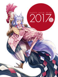 Rule 34 | 1girl, 2017, absurdres, bird, chicken, chinese zodiac, hand fan, fox ears, fox girl, fox tail, happy new year, highres, japanese clothes, kazuki seihou, kimono, new year, original, revision, rooster, short hair, silver hair, slit pupils, solo, tail, year of the rooster, yellow eyes