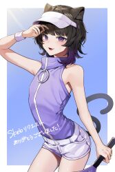Rule 34 | 1boy, absurdres, agamemega, androgynous, animal ears, arm up, bare shoulders, black hair, blush, border, cat boy, cat ears, cat tail, commentary request, commission, cowboy shot, fang, ghostcrown, gradient hair, hat, highres, holding, light blush, looking at viewer, male focus, mole, mole under eye, multicolored hair, open mouth, outdoors, outside border, purple eyes, racket, short hair, short shorts, shorts, simple background, single wrist cuff, skeb commission, solo, sportswear, sunlight, sweatdrop, tail, tennis racket, tennis uniform, thighs, tongue, translation request, tsukikage nero, visor cap, white border, wrist cuffs, zipper