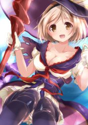 Rule 34 | 1girl, :d, black thighhighs, blonde hair, breasts, brown eyes, cleavage, collarbone, djeeta (granblue fantasy), dress, gloves, granblue fantasy, hat, highres, holding, holding staff, large breasts, looking at viewer, nanaume (shichimi tougarashi), open mouth, panties, pantyshot, puffy short sleeves, puffy sleeves, short hair, short sleeves, smile, solo, staff, tareme, thighhighs, underwear, warlock (granblue fantasy), white gloves, white panties, witch hat