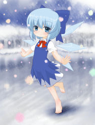 Rule 34 | 1girl, bare legs, barefoot, blue eyes, blue hair, bow, cirno, hair bow, hair ornament, hair ribbon, highres, ice, looking at viewer, matching hair/eyes, outstretched arms, ribbon, short hair, smile, snowing, solo, spread arms, touhou, wings, zimajiang