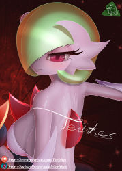 Rule 34 | 1girl, back, backless dress, backless outfit, bare shoulders, blush, bob cut, breasts, closed mouth, colored skin, creatures (company), cropped, dress, elbow gloves, female focus, game freak, gardevoir, gen 3 pokemon, gloves, green hair, hair over one eye, half-closed eyes, highres, lips, looking at viewer, medium breasts, mega gardevoir, mega pokemon, nintendo, one eye covered, patreon logo, patreon username, pokemon, pokemon (creature), red background, red eyes, shiny skin, short hair, sideboob, signature, solo focus, standing, strapless, strapless dress, subscribestar logo, subscribestar username, terithes, upper body, watermark, web address, white dress, white gloves, white skin