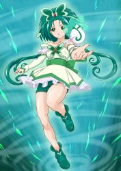 Rule 34 | 00s, 1girl, akimoto komachi, arm warmers, bare shoulders, bike shorts, bike shorts under skirt, brooch, butterfly hair ornament, collarbone, cure mint, dengeki gx, earrings, expressionless, frills, full body, green background, green eyes, green footwear, green hair, green shorts, green theme, hair ornament, highres, jewelry, long hair, magical girl, matching hair/eyes, precure, shoes, shorts, shorts under skirt, skirt, solo, standing, standing on one leg, twintails, white skirt, yes! precure 5