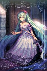 Rule 34 | 1girl, absurdres, breasts, cleavage, closed mouth, commentary, crown, dress, english commentary, green hair, hatsune miku, highres, holding, holding sword, holding weapon, khazure, long dress, long hair, mini crown, off-shoulder dress, off shoulder, pleated dress, sash, small breasts, smile, solo, sword, vocaloid, weapon, white dress