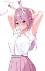 Rule 34 | 1girl, absurdres, alternate eye color, alternate hairstyle, animal ears, arms up, blush, breasts, buttons, closed mouth, collarbone, collared shirt, commentary request, eyes visible through hair, hair between eyes, hair ornament, hands up, highres, long hair, looking down, medium breasts, pink eyes, ponytail, purple hair, purple skirt, rabbit ears, reisen udongein inaba, shinonome asu, shirt, short sleeves, skirt, solo, sweat, sweatdrop, touhou, white shirt