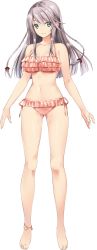 Rule 34 | 1girl, anklet, artwhirl mahou gakuen no otome-tachi, bare arms, bare legs, barefoot, bikini, bow, braid, breasts, ceres (artwhirl), cleavage, closed mouth, collarbone, frilled bikini, frills, full body, green eyes, hair between eyes, hair bow, halterneck, highres, jewelry, long hair, looking at viewer, medium breasts, navel, pink bikini, pink ribbon, red bow, ribbon, shiny skin, side-tie bikini bottom, smile, solo, standing, swimsuit, tachi-e, transparent background, very long hair, white hair, zinno