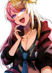 Rule 34 | 1girl, :d, absurdres, black jacket, black shirt, blonde hair, blue necktie, breasts, cleavage, commentary, cropped jacket, front-tie top, hair ornament, hand on headphones, headphones, headphones around neck, highres, jacket, jewelry, kotoka torahime, large breasts, lightning bolt, lightning bolt hair ornament, lightning bolt symbol, long hair, multicolored clothes, multicolored hair, multicolored jacket, necklace, necktie, nijisanji, nijisanji en, open mouth, pink hair, pink jacket, shirt, smile, solo, split-color hair, symbol-only commentary, tokitsu (0nemui7), two-tone hair, x hair ornament