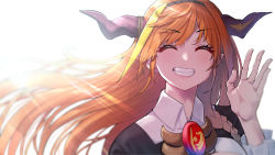 Rule 34 | 1girl, absurdres, backlighting, blonde hair, braid, brooch, closed eyes, commentary request, dragon girl, dragon horns, grin, highres, hololive, horns, jewelry, kiryu coco, kiryu coco (1st costume), long hair, looking at viewer, mikan (chipstar182), multicolored hair, orange hair, pointy ears, side braid, smile, solo, streaked hair, upper body, virtual youtuber, waving, white background