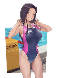 Rule 34 | 1girl, armpits, black hair, blush, breasts, cameltoe, collarbone, commentary, competition swimsuit, forehead, groin, hamedoragon, highres, large breasts, long hair, looking at viewer, mole, mole on thigh, one-piece swimsuit, original, pool, poolside, smile, solo, swim goggles, swimsuit, tan, tanline, two-tone one-piece swimsuit, very long hair