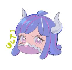 Rule 34 | 1girl, ahoge, blue hair, character name, covered mouth, cropped shoulders, curled horns, dinosaur girl, horns, long hair, lowres, mask, mouth mask, multicolored hair, one piece, pink eyes, pink hair, pink mask, raine (acke2445), simple background, solo, streaked hair, ulti (one piece), white background