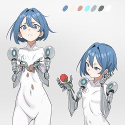 Rule 34 | 1girl, absurdres, blue eyes, blue hair, bodysuit, breasts, character sheet, collarbone, color guide, commission, covered navel, flower, grey background, hair intakes, highres, holding, holding flower, kiritzugu, original, prosthesis, prosthetic arm, rose, short hair, skin tight, small breasts, white bodysuit, wilted flower